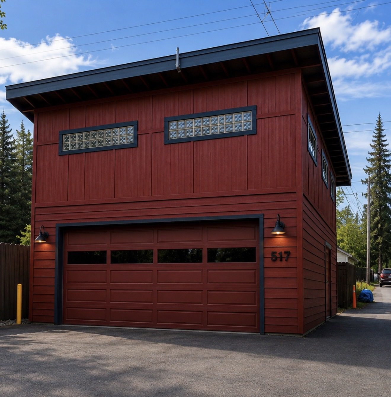 Finished two-story detached garage with red siding and black trim